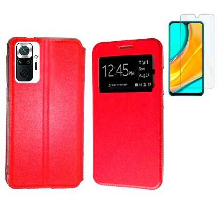 Funda Xiaomi Redmi Note 10 Pro - 10 Pro Max Roja Libro Ventana + Protector Cristal Templado 9H