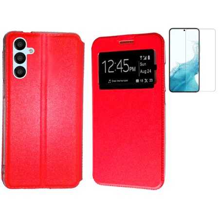 Funda Samsung Galaxy A34 5G Roja Libro Ventana + Protector Cristal Templado 9H