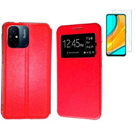 Funda Xiaomi Redmi 12C Roja Libro Ventana + Protector Cristal templado 9H