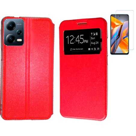 Funda Xiaomi Redmi Note 12 5G Roja Libro Ventana + Protector Cristal templado 9H