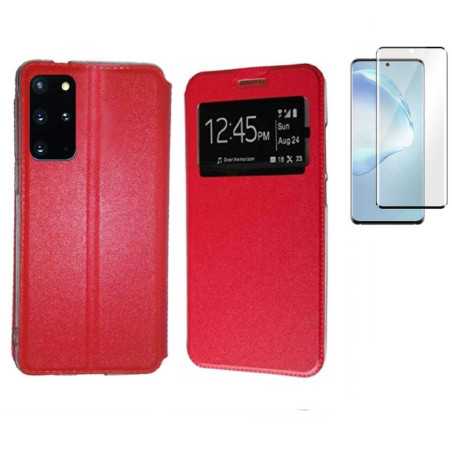 Funda Samsung Galaxy S20+ Plus Roja Libro Ventana + Protector 3D CURVADO COMPLETO