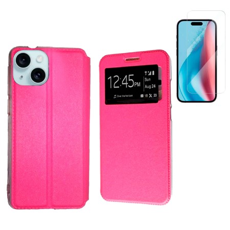 Funda Para iPhone 15 (6.1) Rosa Libro Ventana + Protector de Pantalla Cristal templado 9H