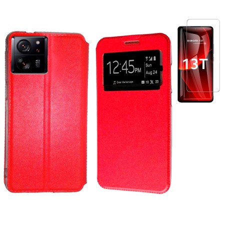 Funda Para Xiaomi 13T / 13T Pro 5G (6.67) Roja Libro Ventana + Protector de Pantalla Cristal templado 9H