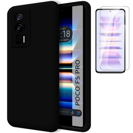 Funda Poco F5 Pro 5G (6.67) Negra Tpu Lisa Silicona Gel + Protector de Pantalla Cristal Templado 9H