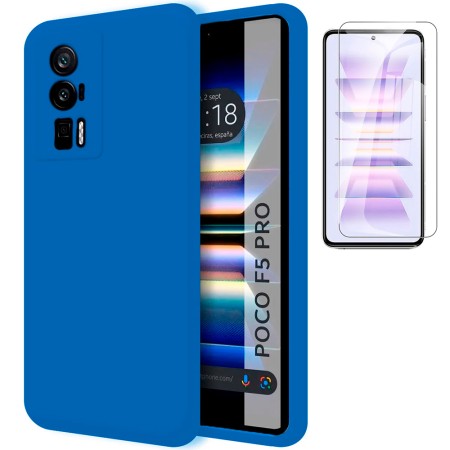 Funda Poco F5 Pro 5G (6.67) Azul Tpu Lisa Silicona Gel + Protector de Pantalla Cristal Templado 9H