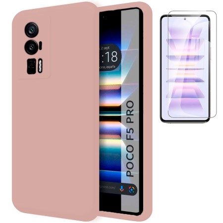 Funda Poco F5 Pro 5G (6.67) Rosa Tpu Lisa Silicona Gel + Protector de Pantalla Cristal Templado 9H