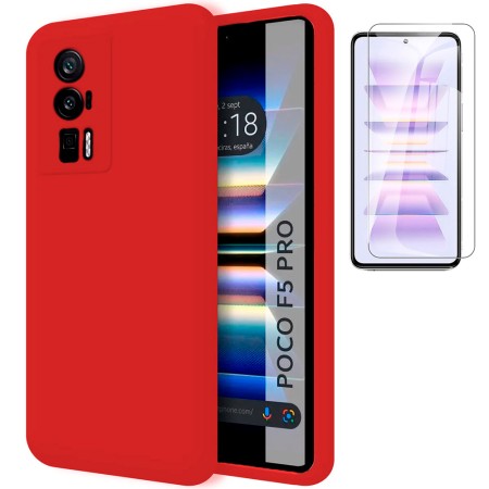 Funda Poco F5 Pro 5G (6.67) Roja Tpu Lisa Silicona Gel + Protector de Pantalla Cristal Templado 9H