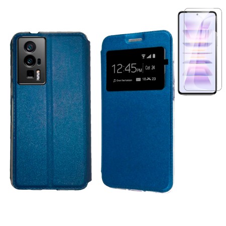 Funda Poco F5 Pro 5G (6.67) Azul Libro Ventana + Protector de Pantalla Cristal templado 9H