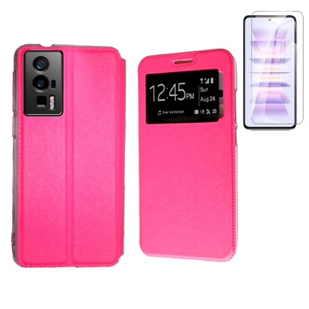 Funda Poco F5 Pro 5G (6.67) Rosa Libro Ventana + Protector de Pantalla Cristal templado 9H