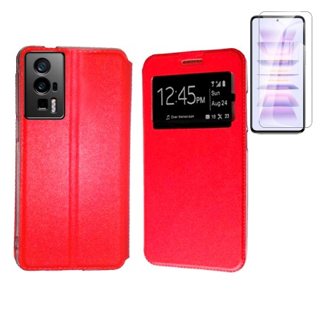 Funda Poco F5 Pro 5G (6.67) Roja Libro Ventana + Protector de Pantalla Cristal templado 9H