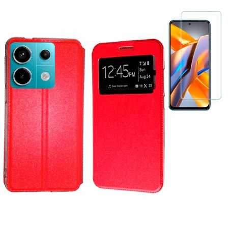 Funda Xiaomi Redmi Note 13 5G (6.67) Roja Libro Ventana + Protector de Pantalla Cristal templado 9H