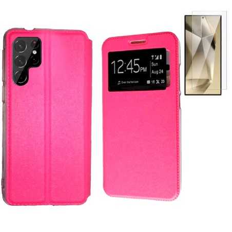 Funda Samsung Galaxy S24 Ultra 5G (6.8) Rosa Libro Ventana + Protector de Pantalla Cristal templado 9H