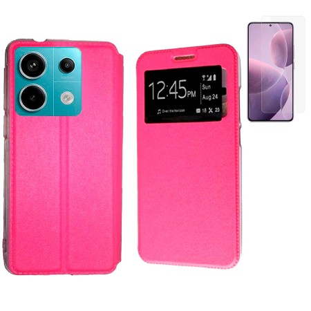 Funda Xiaomi Redmi Note 13 Pro 5G (6.67) Rosa Libro Ventana + Protector de Pantalla Cristal templado 9H