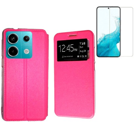 Funda Xiaomi Redmi Note 13 Pro 4G (6.67) Rosa Libro Ventana + Protector de Pantalla Cristal templado 9H