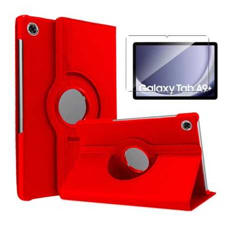 Funda Samsung Galaxy Tab A9+ Plus (11) Roja Giratoria 360 + Protector Cristal templado 9H