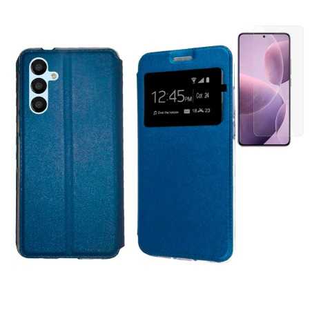 Funda Samsung Galaxy A55 5G (6.6) Azul Libro Ventana + Protector de Pantalla Cristal templado 9H