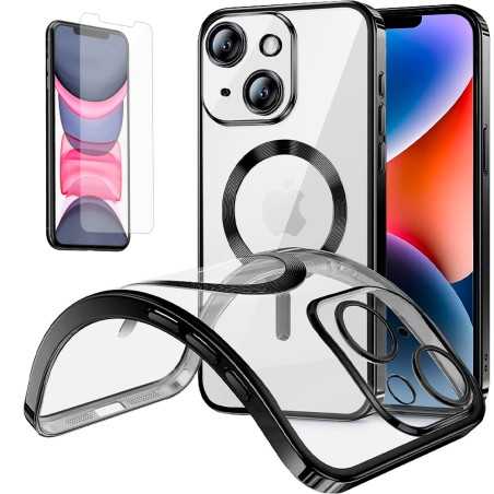 Funda Magnetica Para iPhone 11 (6.1) Transparente - Negro Compatible Magsafe + Protector de Pantalla Cristal Templado 9H