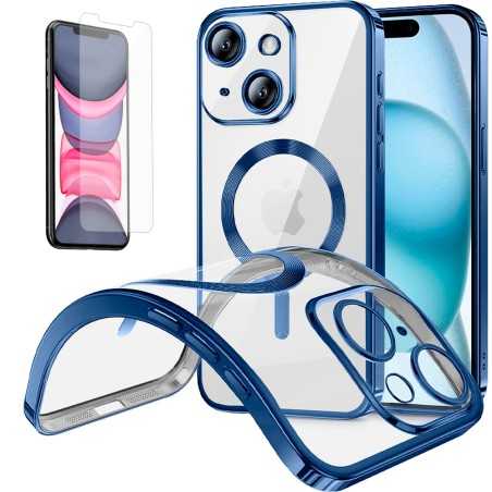 Funda Magnetica Para iPhone 11 (6.1) Transparente - Azul Compatible Magsafe + Protector de Pantalla Cristal Templado 9H