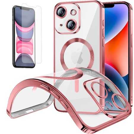 Funda Magnetica Para iPhone 11 (6.1) Transparente - Rosa Compatible Magsafe + Protector de Pantalla Cristal Templado 9H