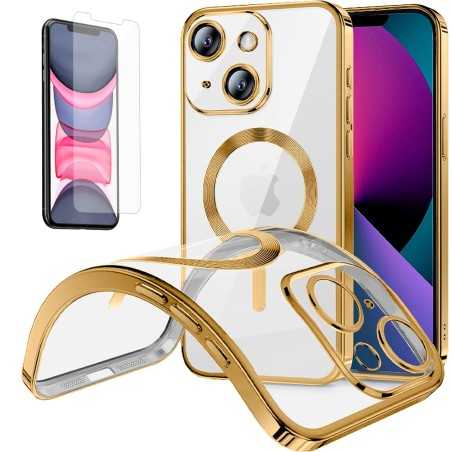 Funda Magnetica Para iPhone 11 (6.1) Transparente - Dorado Compatible Magsafe + Protector de Pantalla Cristal Templado 9H