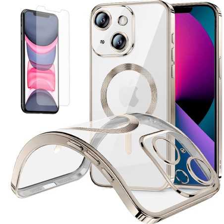 Funda Magnetica Para iPhone 11 (6.1) Transparente - Plata Compatible Magsafe + Protector de Pantalla Cristal Templado 9H