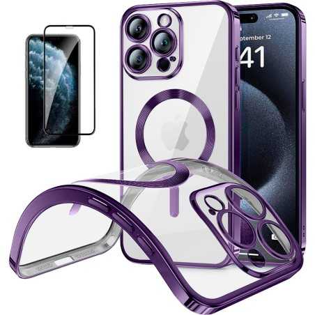 Funda Magnetica Para iPhone 11 Pro (5.8) Morado Compatible Magsafe + Protector de Pantalla Cristal Templado Completo 5D
