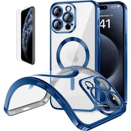 Funda Magnetica Para iPhone 11 Pro Max (6.5) Azul Compatible Magsafe + Protector de Pantalla Cristal Templado 9H