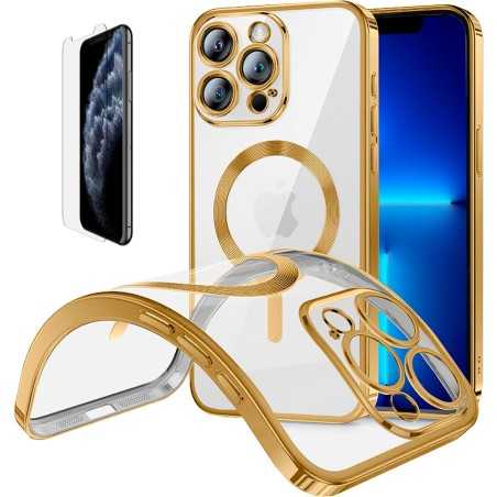 Funda Magnetica Para iPhone 11 Pro Max (6.5) Dorado Compatible Magsafe + Protector de Pantalla Cristal Templado 9H