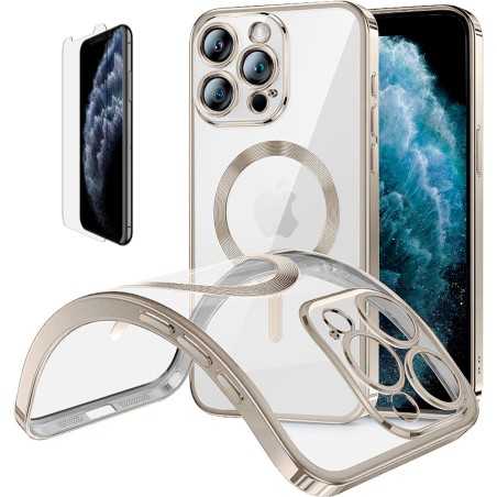 Funda Magnetica Para iPhone 11 Pro Max (6.5) Plata Compatible Magsafe + Protector de Pantalla Cristal Templado 9H