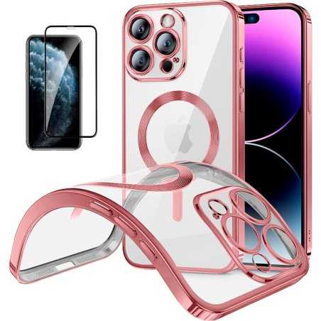 Funda Magnetica Para iPhone 11 Pro Max (6.5) Rosa Compatible Magsafe + Protector de Pantalla Cristal Templado Completo 5D