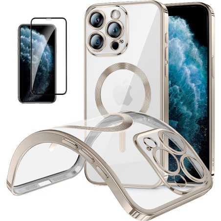 Funda Magnetica Para iPhone 11 Pro Max (6.5) Plata Compatible Magsafe + Protector de Pantalla Cristal Templado Completo 5D