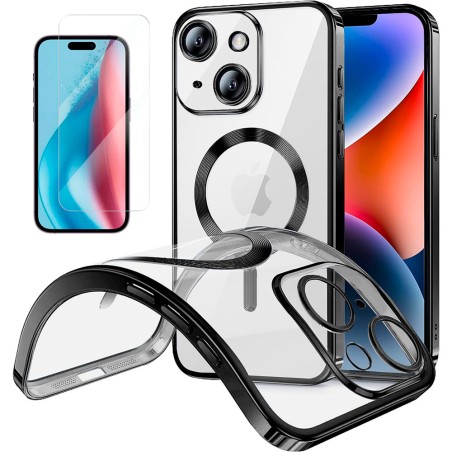 Funda Magnetica Para iPhone 15 (6.1) Transparente - Negro Compatible Magsafe + Protector de Pantalla Cristal Templado 9H