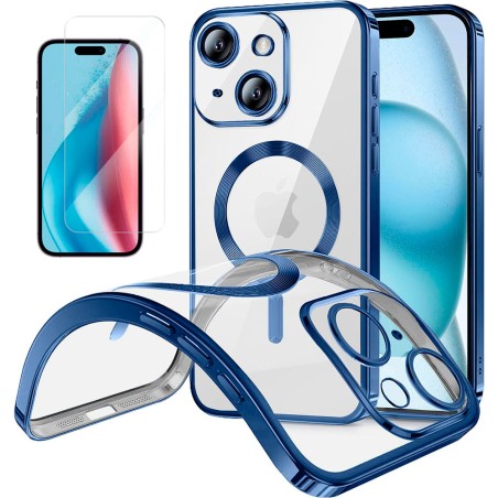Funda Magnetica Para iPhone 15 (6.1) Transparente - Azul Compatible Magsafe + Protector de Pantalla Cristal Templado 9H