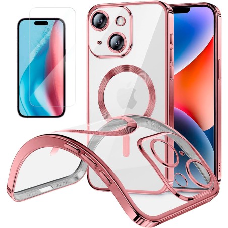 Funda Magnetica Para iPhone 15 (6.1) Transparente - Rosa Compatible Magsafe + Protector de Pantalla Cristal Templado 9H