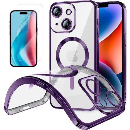 Funda Magnetica Para iPhone 15 (6.1) Transparente - Morado Compatible Magsafe + Protector de Pantalla Cristal Templado 9H