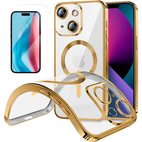 Funda Magnetica Para iPhone 15 (6.1) Transparente - Dorado Compatible Magsafe + Protector de Pantalla Cristal Templado 9H