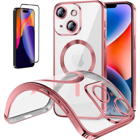 Funda Magnetica Para iPhone 15 (6.1) Rosa Compatible Magsafe + Protector de Pantalla Cristal Templado Completo 5D