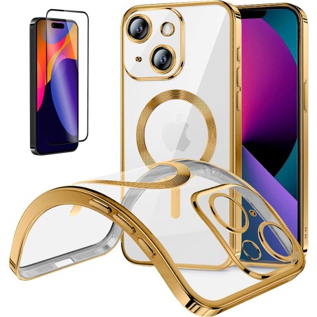 Funda Magnetica Para iPhone 15 (6.1) Dorado Compatible Magsafe + Protector de Pantalla Cristal Templado Completo 5D