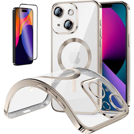Funda Magnetica Para iPhone 15 (6.1) Plata Compatible Magsafe + Protector de Pantalla Cristal Templado Completo 5D