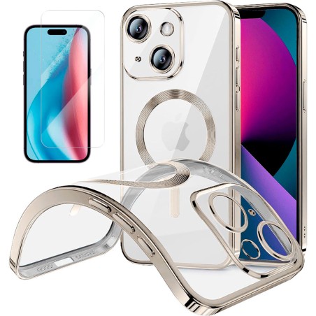 Funda Magnetica Para iPhone 15 Plus (6.1) Transparente - Plata Compatible Magsafe + Protector de Pantalla Cristal Templado 9H