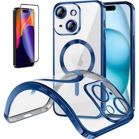 Funda Magnetica Para iPhone 15 Plus (6.7) Azul Compatible Magsafe + Protector de Pantalla Cristal Templado Completo 5D