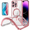 Funda Magnetica Para iPhone 15 Pro (6.1) Transparente - Rosa Compatible Magsafe + Protector de Pantalla Cristal Templado 9H