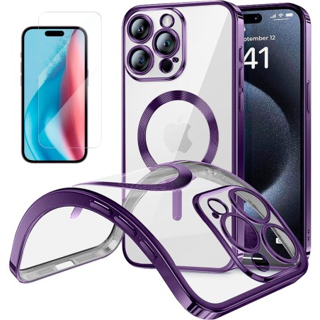 Funda Magnetica Para iPhone 15 Pro (6.1) Transparente - Morado Compatible Magsafe + Protector de Pantalla Cristal Templado 9H