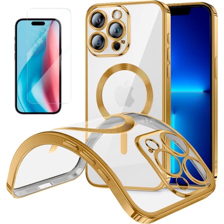 Funda Magnetica Para iPhone 15 Pro (6.1) Transparente - Dorado Compatible Magsafe + Protector de Pantalla Cristal Templado 9H