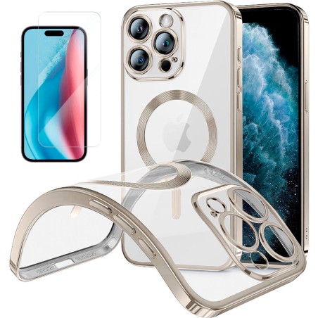 Funda Magnetica Para iPhone 15 Pro (6.1) Transparente - Plata Compatible Magsafe + Protector de Pantalla Cristal Templado 9H