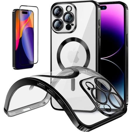 Funda Magnetica Para iPhone 15 Pro (6.1) Negro Compatible Magsafe + Protector de Pantalla Cristal Templado Completo 5D
