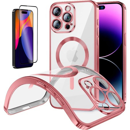 Funda Magnetica Para iPhone 15 Pro (6.1) Rosa Compatible Magsafe + Protector de Pantalla Cristal Templado Completo 5D