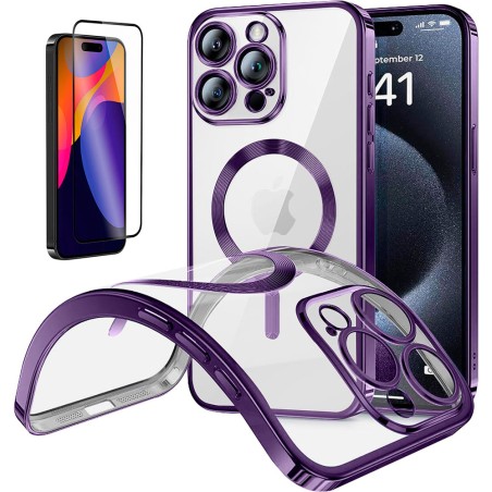 Funda Magnetica Para iPhone 15 Pro (6.1) Morado Compatible Magsafe + Protector de Pantalla Cristal Templado Completo 5D