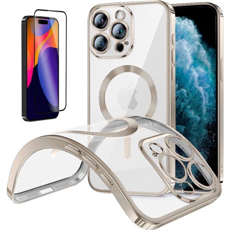 Funda Magnetica Para iPhone 15 Pro (6.1) Plata Compatible Magsafe + Protector de Pantalla Cristal Templado Completo 5D