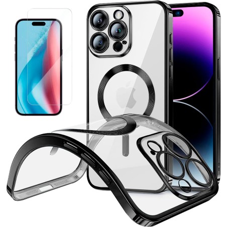 Funda Magnetica Para iPhone 15 Pro Max (6.7) Transparente - Negro Compatible Magsafe + Protector de Pantalla Cristal Templado 9H